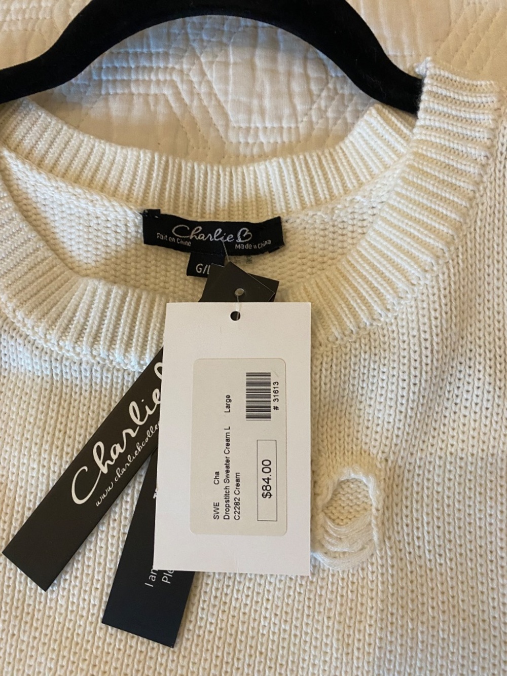 Charlie B Women’s Cream Distressed Knit Sweater Size L NWT - Picture 3 of 4